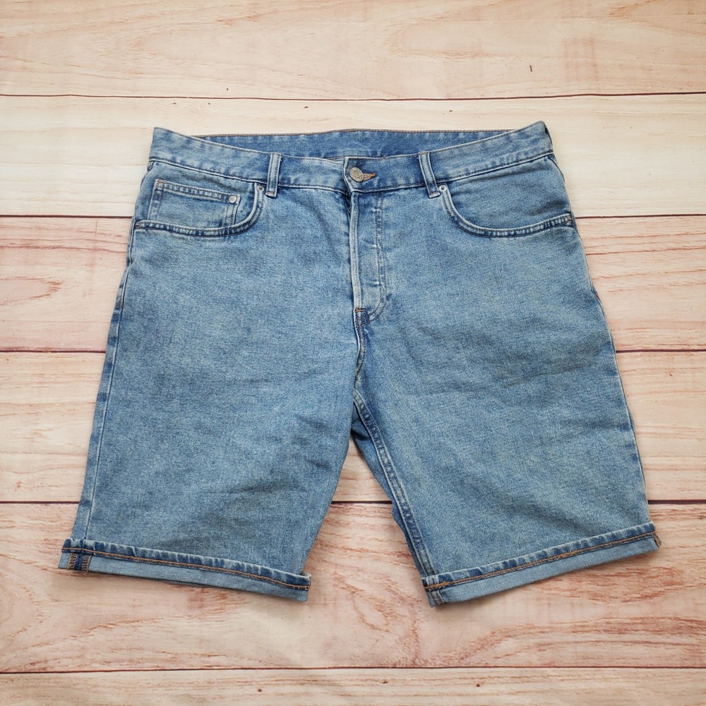 H&M &Denim Shorts Mens 34 Blue Slim Fit Jeans‎ Denim Medium Wash Cuff Button Fly